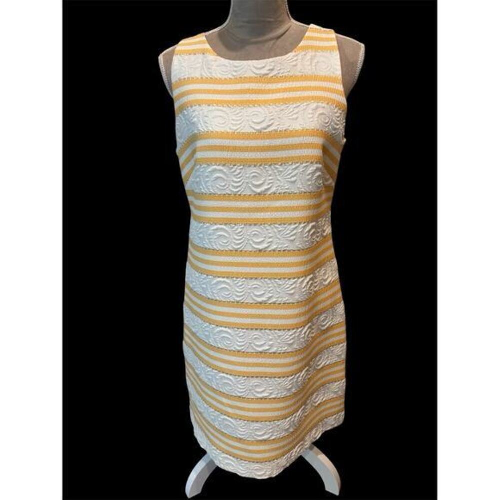 Ladies Vince Camuto Metallic Brocade Shift Dress Yellow White Sz 10 EUC
